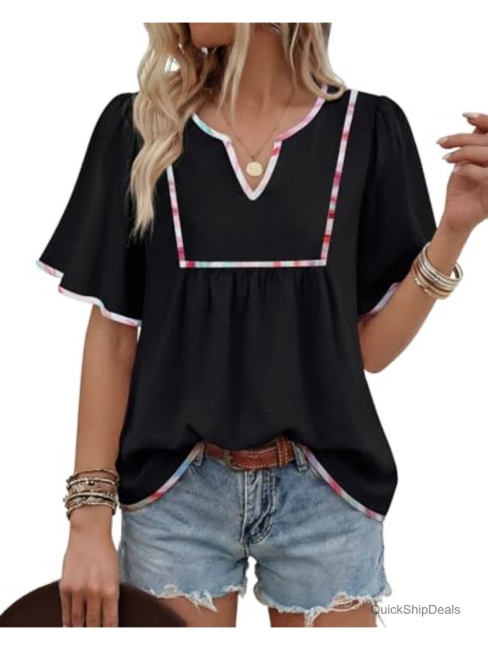 Womens Boho Babydoll Blouse V Neck Short Sleeve Flowy Rayon Summer Top